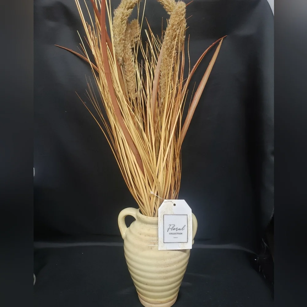NWT Neutral Tan Crackle Glaze Ceramic Vase with Dried Floral Arrangement